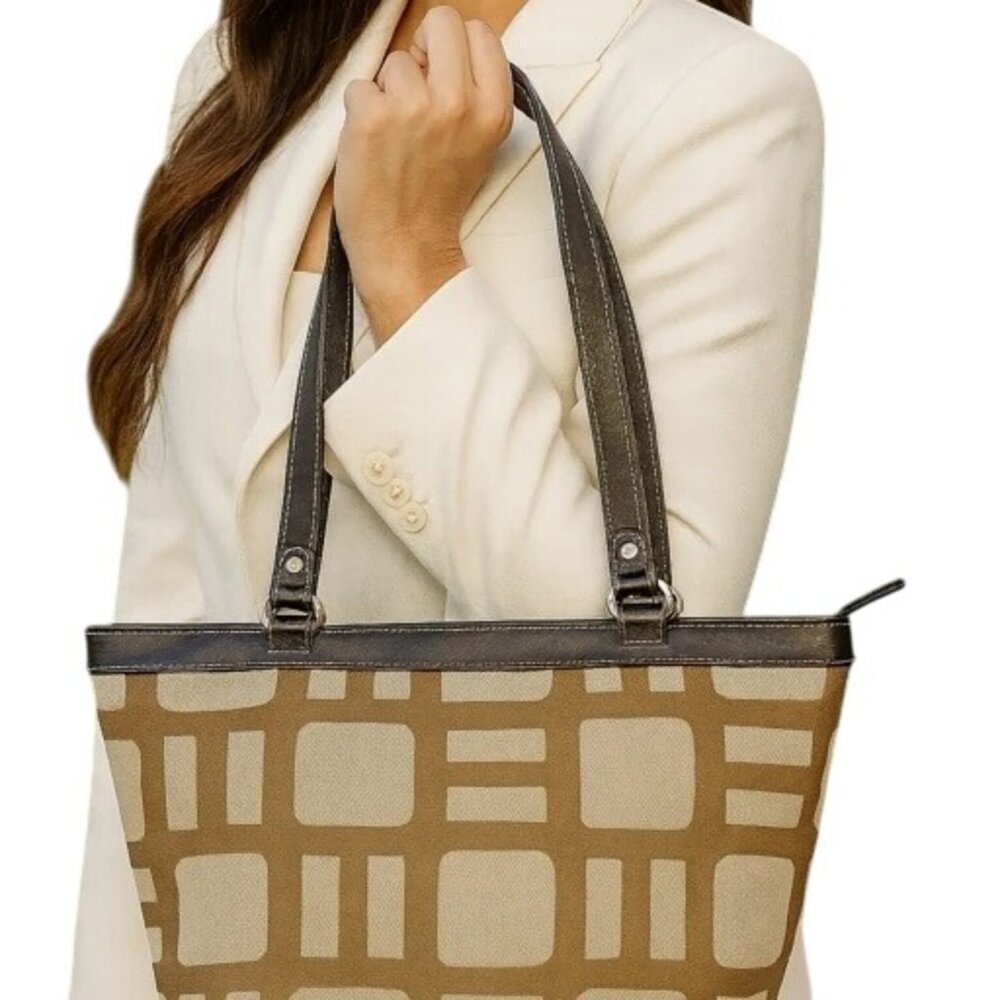 Nine West Geometric Canvas Tote Bag Faux Leather Accents Brown Beige
